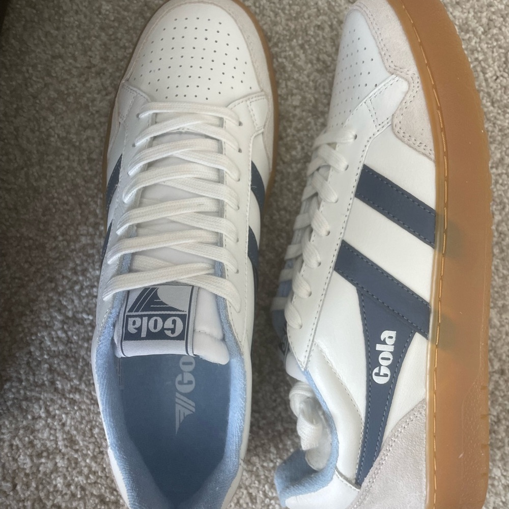 Women’s Gola White Leather Sneakers with Navy Stripes
